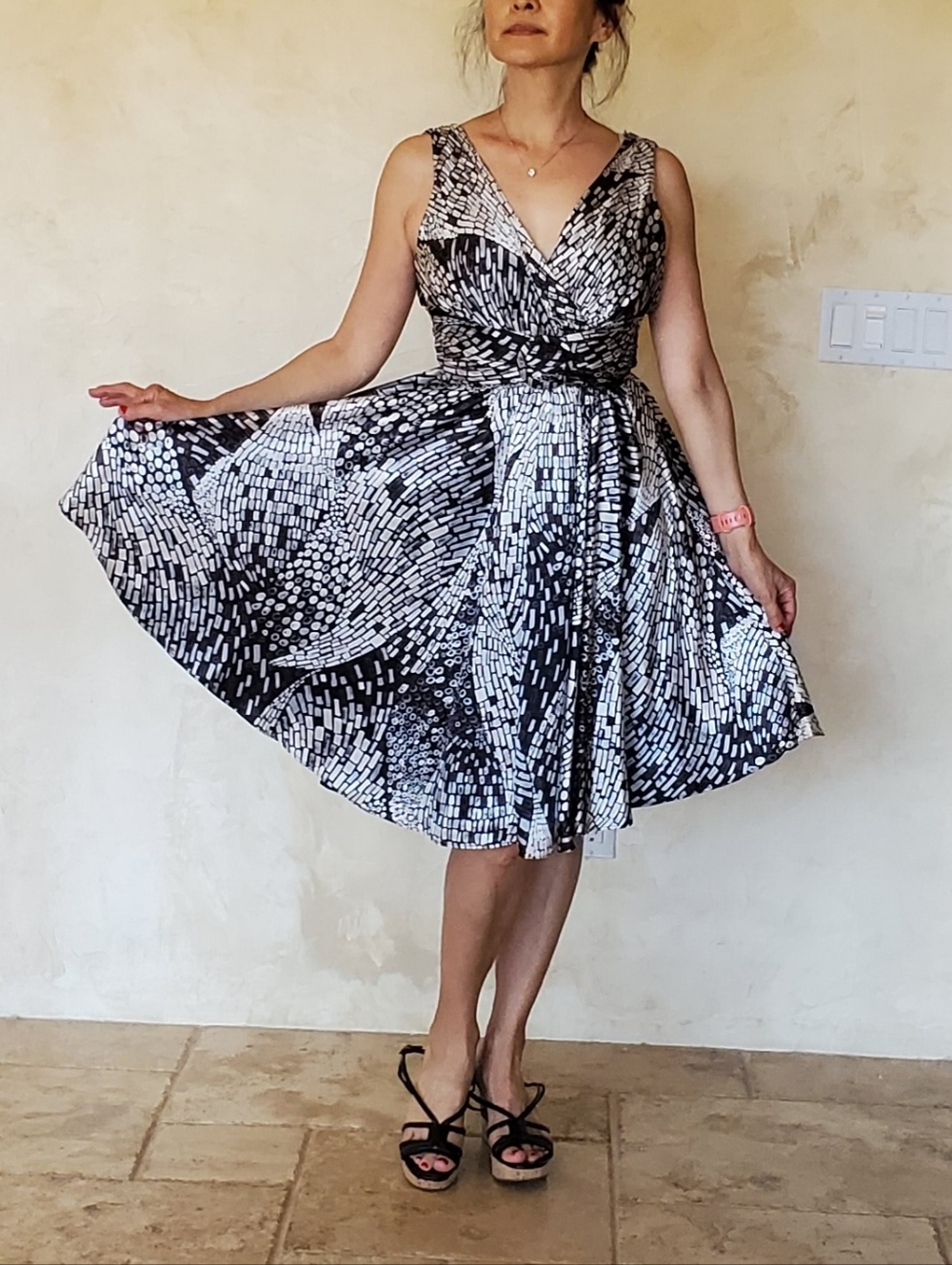 White House Black Market Black & White V-Neck Fit-and-Flare Midi Dress